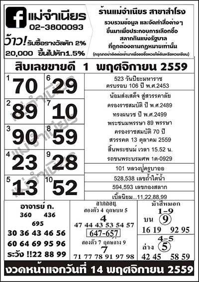 หวยแม่จำเนียร 1 พฤศจิกายน 2559