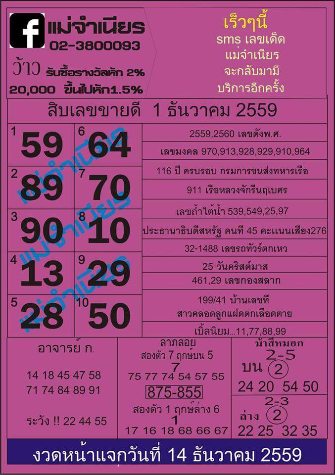 หวยแม่จำเนียร 1 ธันวาคม 2559