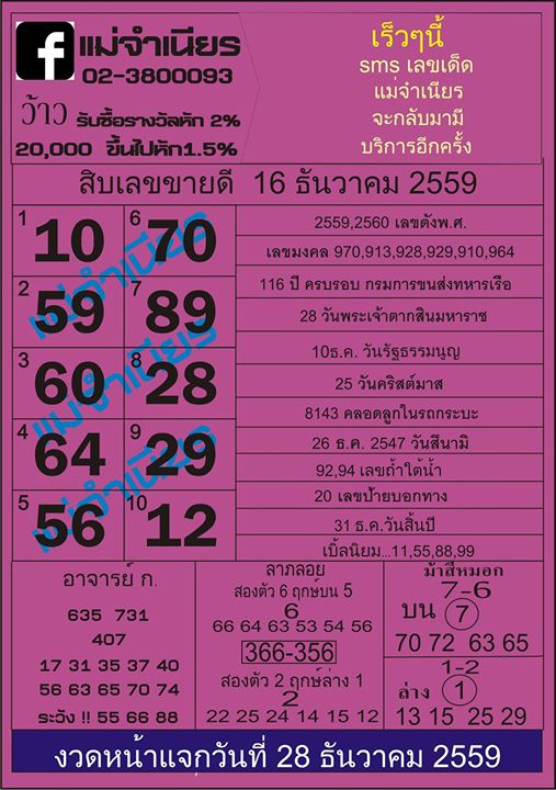 หวยแม่จำเนียร 16 ธันวาคม 2559