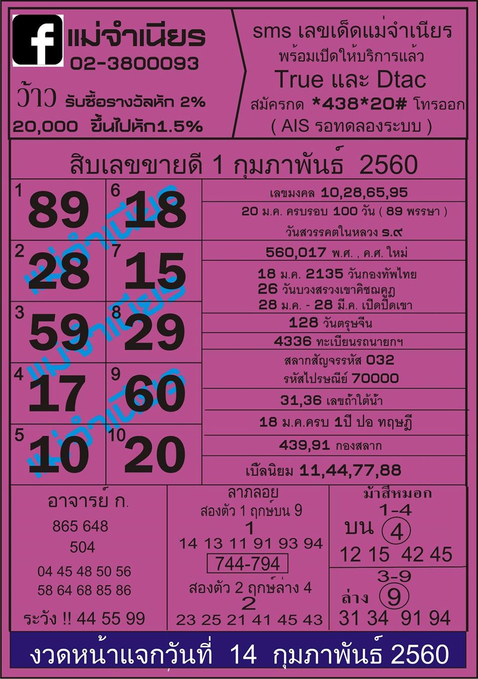 หวยแม่จำเนียร 1 กุมภาพันธ์ 2560, หวยแม่จำเนียร 1/2/2560, หวยแม่จำเนียร 1 ก.พ 2560