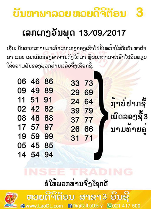 ปัญหาพารวย 13/9/2560, ปัญหาพารวย 13-9-2560, ปัญหาพารวย, ปัญหาพารวย 13 ก.ย 2560, หวยลาว, เลขลาว