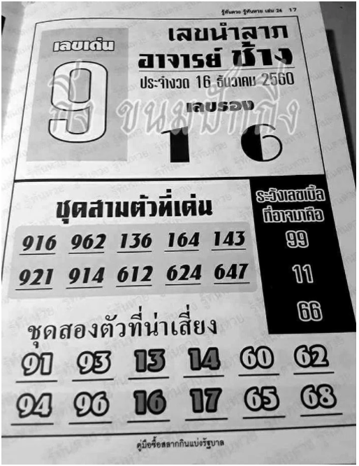 เลขนำลาภ อาจาร์ยช้าง 16/12/60, เลขนำลาภ อาจาร์ยช้าง 16-12-60, เลขนำลาภ อาจาร์ยช้าง 16 ธ.ค. 2560, เลขเด็ดอาจารย์หนู, หวยซอง, เลขเด็ดงวดนี้