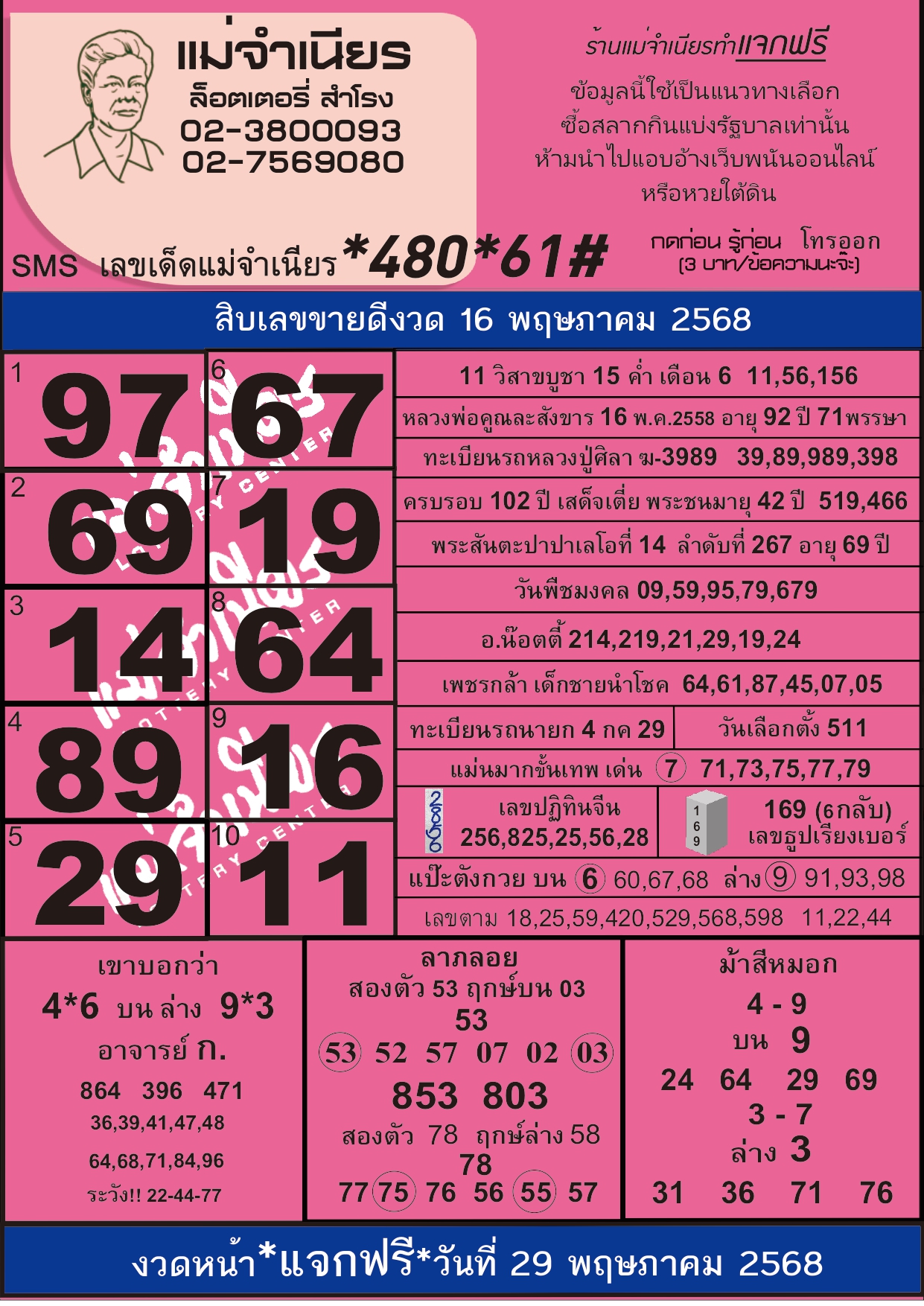 หวยแม่จำเนียร 16/05/68 [สิบเลขเด็ดขายดี]