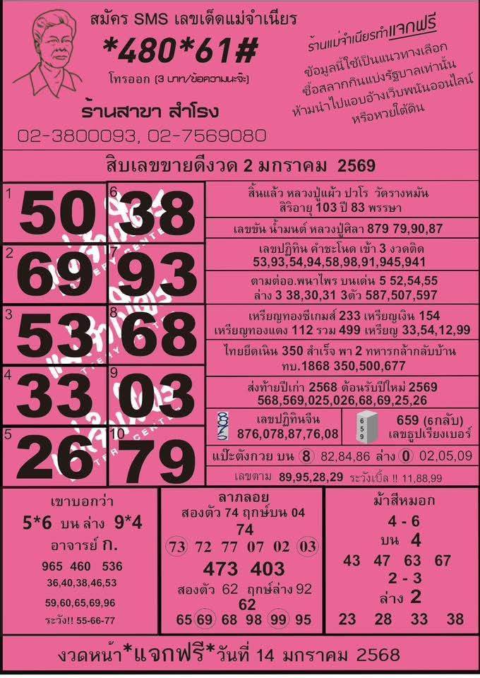 หวยแม่จำเนียร 02/01/69 [สิบเลขเด็ดขายดี]