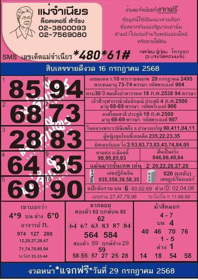 หวยแม่จำเนียร 16/07/68 [สิบเลขเด็ดขายดี]