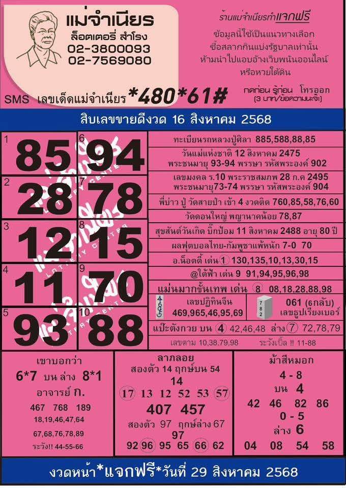 หวยแม่จำเนียร 16/08/68 [สิบเลขเด็ดขายดี]