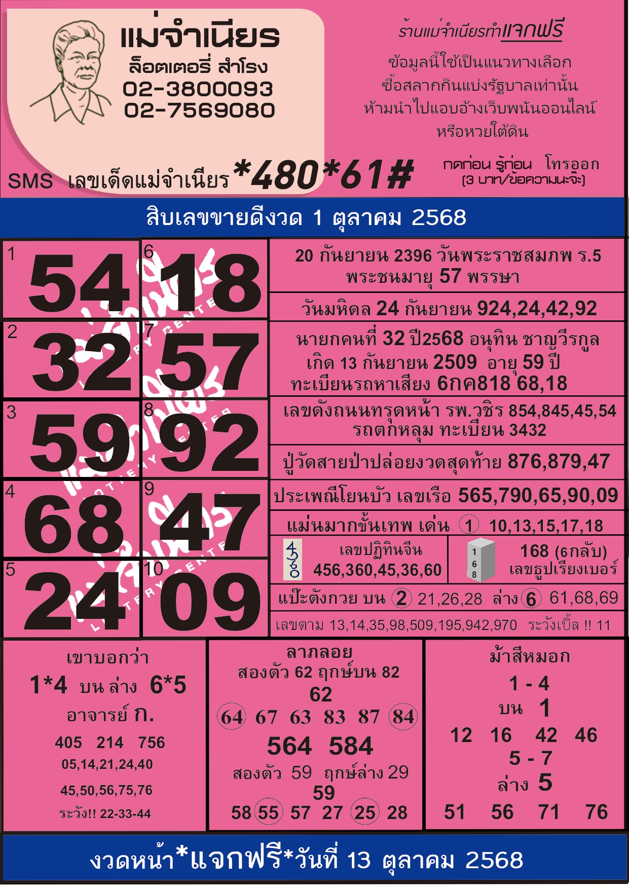 หวยแม่จำเนียร 01/10/68 [สิบเลขเด็ดขายดี]