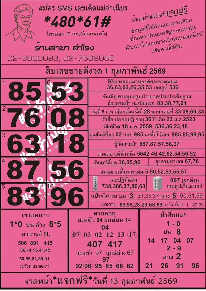 หวยแม่จำเนียร 01/02/69 [สิบเลขเด็ดขายดี]