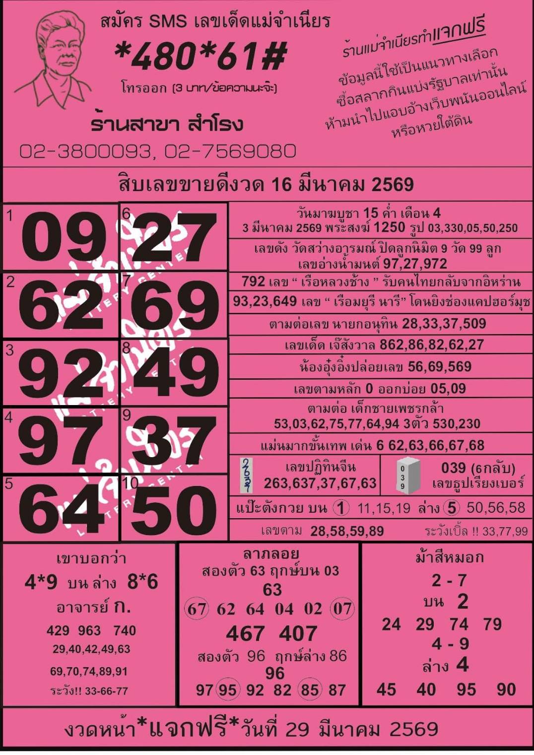 หวยแม่จำเนียร 16/03/69 [สิบเลขเด็ดขายดี]