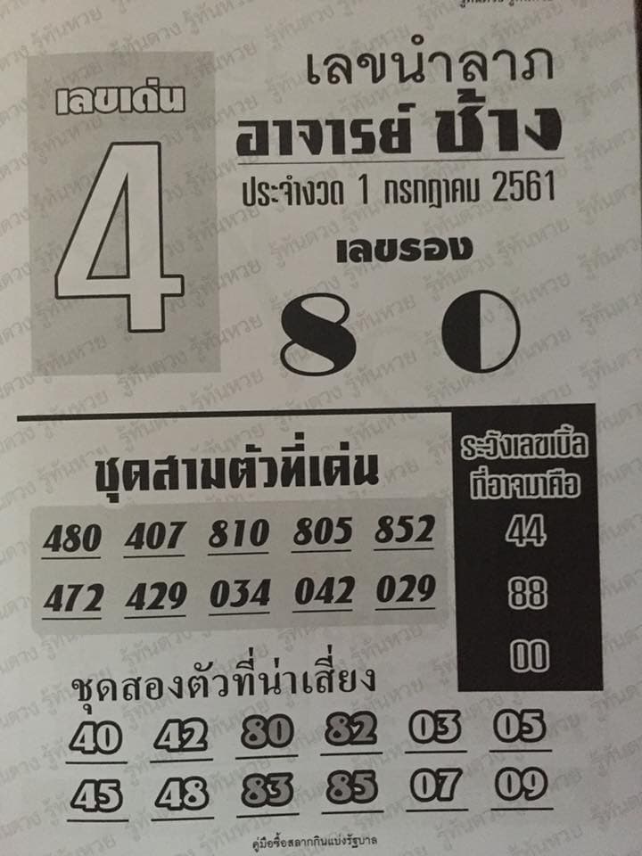 เลขนำลาภ อาจาร์ยช้าง 1/7/61, เลขนำลาภ อาจาร์ยช้าง 1-7-61, เลขนำลาภ อาจาร์ยช้าง 1 ก.ค. 2561, หวยซอง, เลขเด็ดงวดนี้