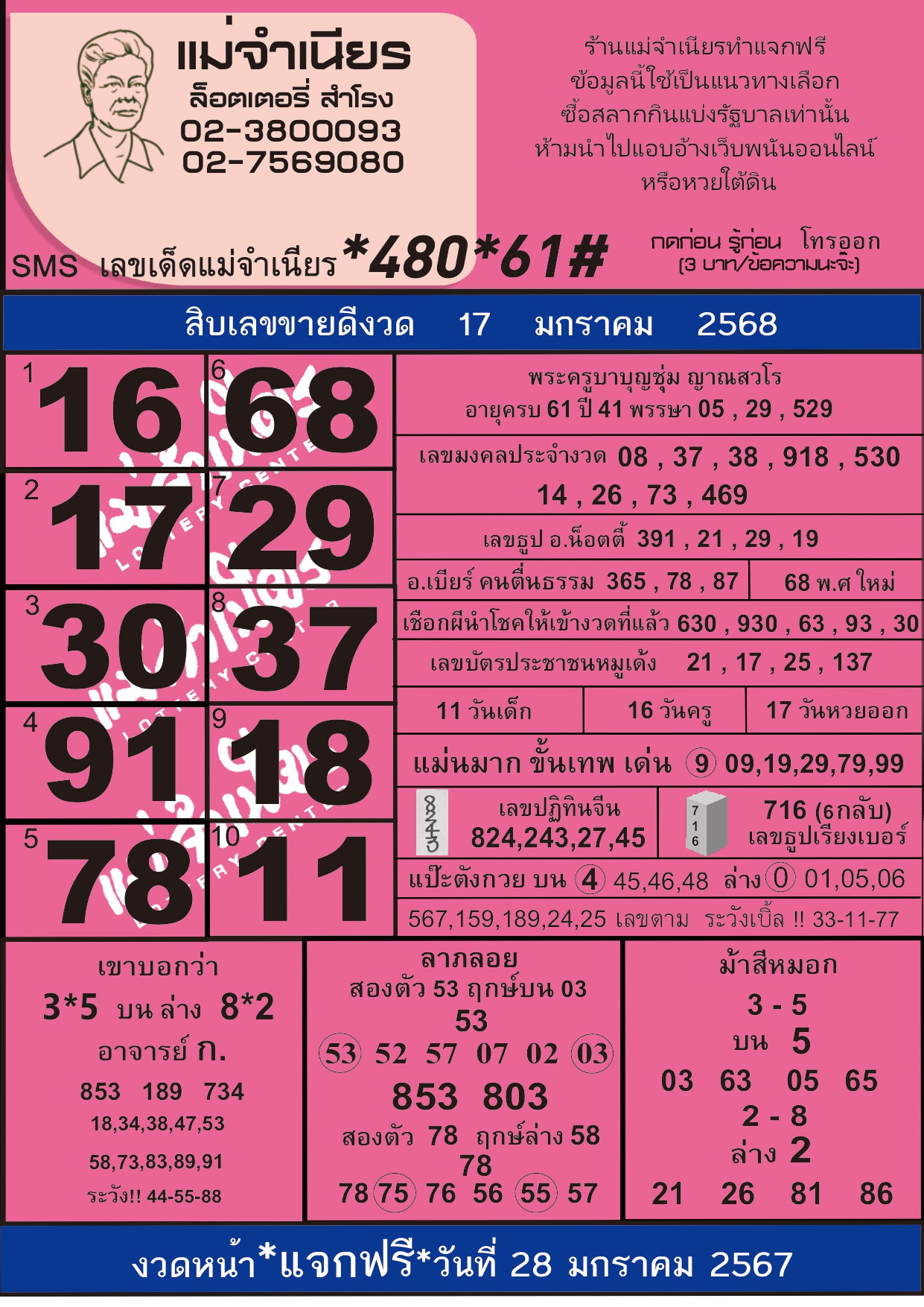 หวยแม่จำเนียร 17/01/68 [สิบเลขเด็ดขายดี]