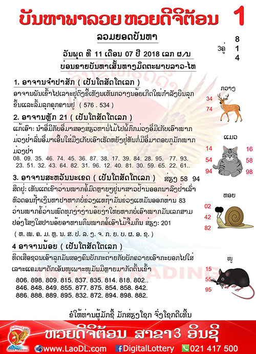 ปัญหาพารวย 11/7/2561, ปัญหาพารวย 11-7-2561, ปัญหาพารวย, ปัญหาพารวย 11 ก.ค 2561, หวยลาว, เลขลาว