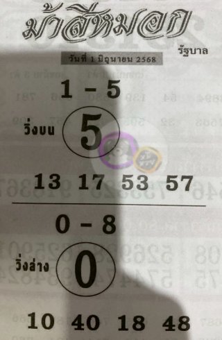 เลขเด็ดงวดนี้ม้าสีหมอก 01/06/68