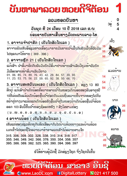 ปัญหาพารวย 24/10/2561, ปัญหาพารวย 24-10-2561, ปัญหาพารวย, ปัญหาพารวย 24 ต.ค 2561, หวยลาว, เลขลาว