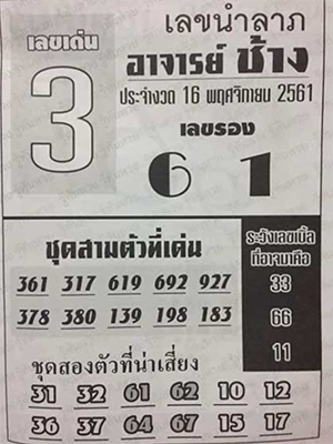 เลขนำลาภ อาจาร์ยช้าง 16/11/61, เลขนำลาภ อาจาร์ยช้าง 16-11-61, เลขนำลาภ อาจาร์ยช้าง 16 พ.ย. 2561, ห