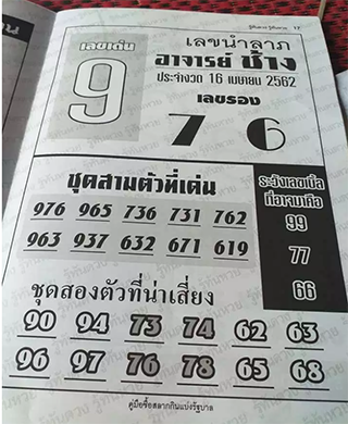 เลขนำลาภ อาจาร์ยช้าง 16/4/62, เลขนำลาภ อาจาร์ยช้าง 16-4-62, เลขนำลาภ อาจาร์ยช้าง 16 เม.ย. 2562