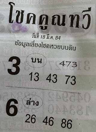 หวยซอง โชคคูณทวี 16/3/64 สำหรับแฟนหวยชุดโชคคูณทวี รวมข่าวหวยเด็ด