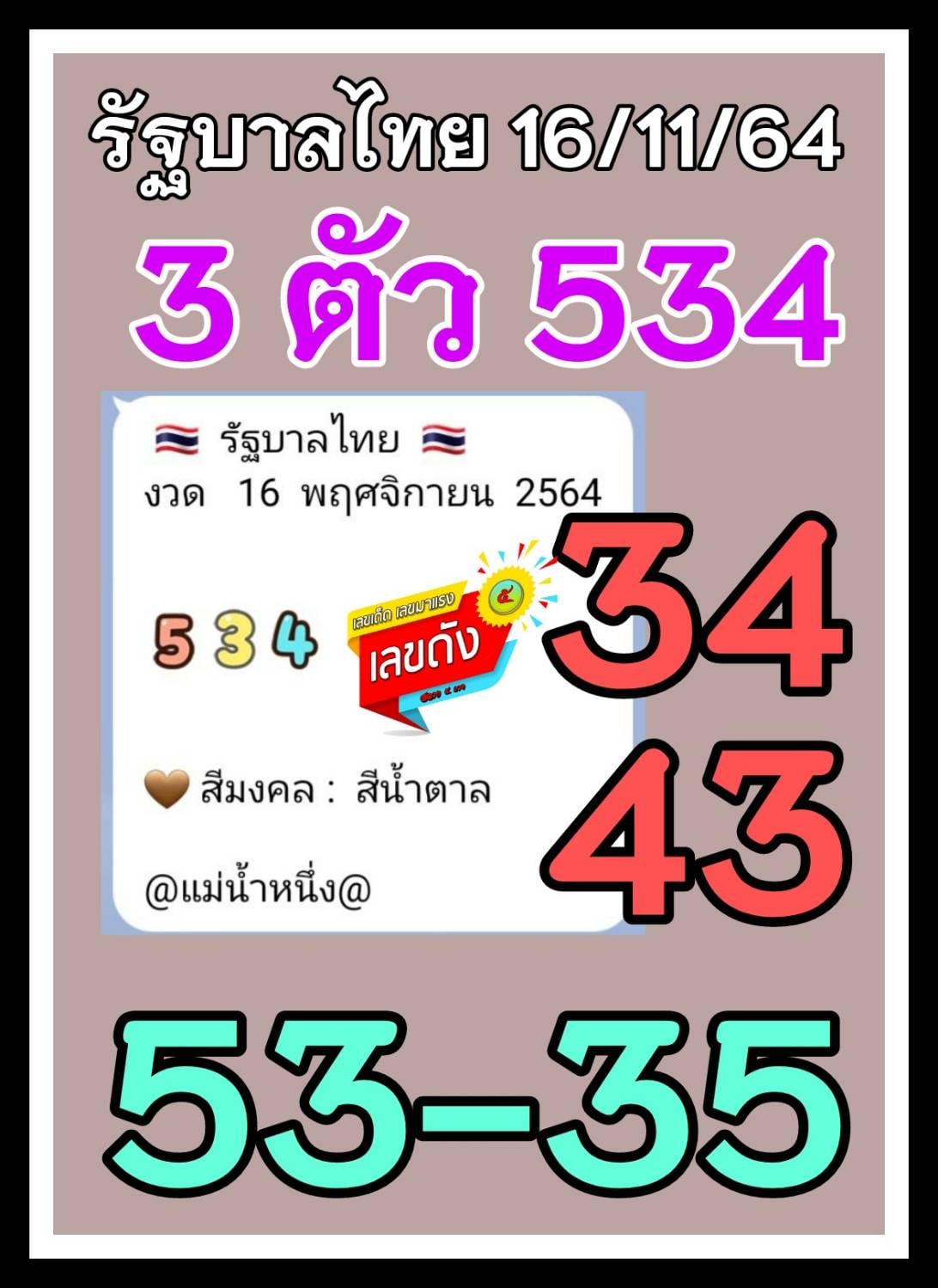 เลขเด็ดเลขดังแม่น้ำหนึ่ง แม่นทุกงวด งวดวันที่ 16 พฤศจิกายน 2564