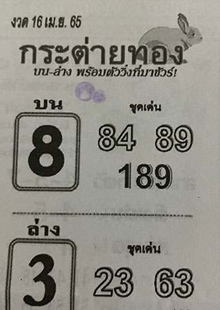 หวยซอง กระต่ายทอง 16/04/65 สำหรับแฟนชุดหวยซองกระต่ายทอง