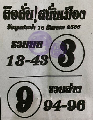 หวยซองลือลั่นสนั่นเมือง 16/12/65 สำหรับแฟนชุดลือลั่นสนั่นเมือง