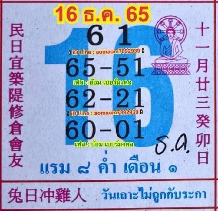 รวมเลขหวยปฎิทิน แม่นทุกงวดแป๊ะปังจริง 16/12/65