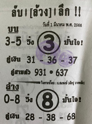 หวยซอง ลับล้วงลึก 01/03/66 สำหรับแฟนหวยลับล้วงลึก รวมข่าวหวยเด็ด