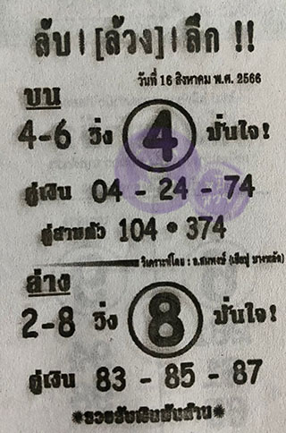 หวยซอง ลับล้วงลึก 16/08/66 สำหรับแฟนหวยลับล้วงลึก รวมข่าวหวยเด็ด