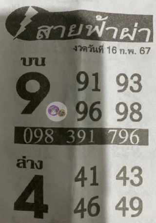 หวยซอง สายฟ้าผ่า 16/02/67