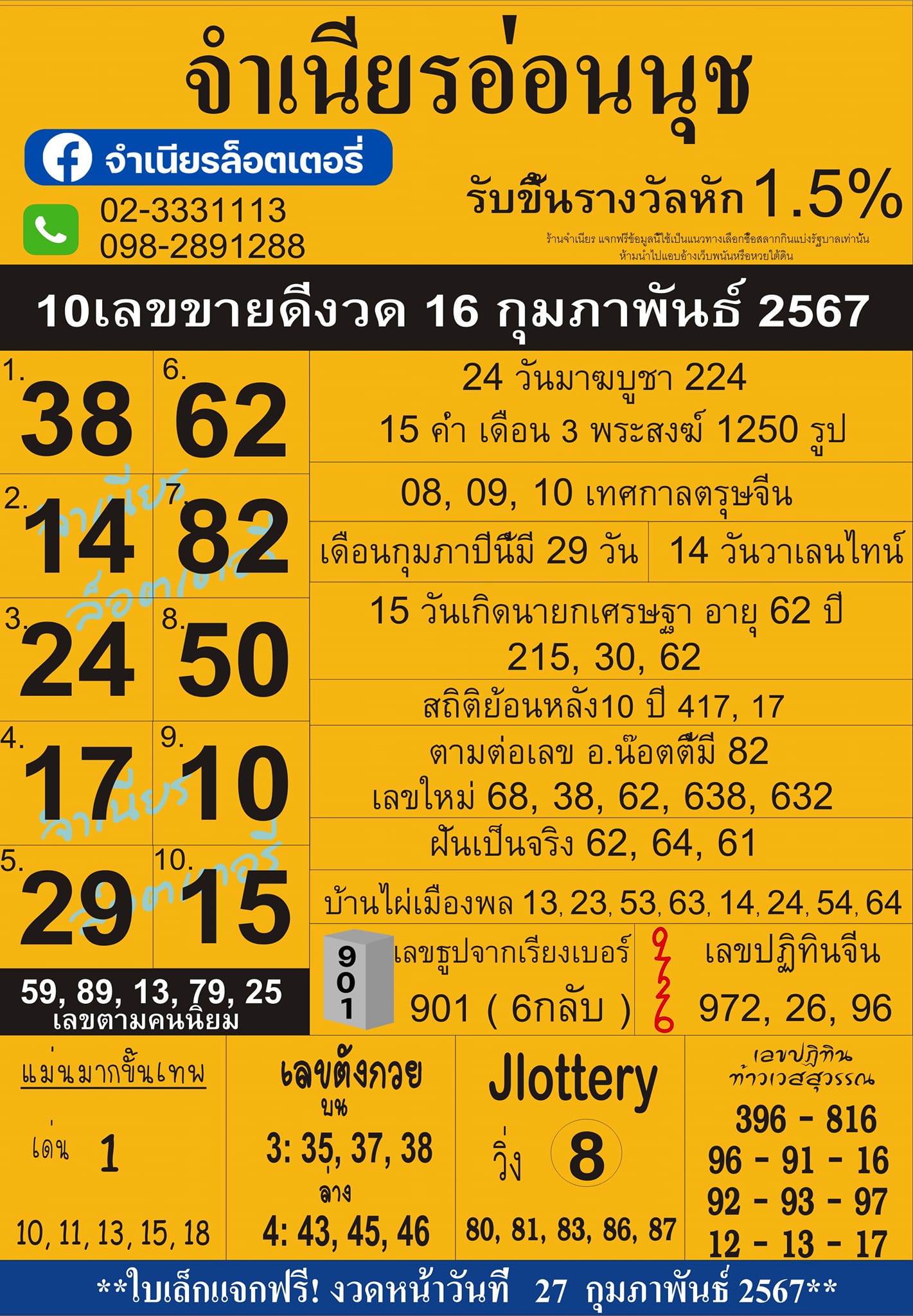 เลขเด็ดสลากใบแดง-แม่จำเนียรอ่อนนุช  16/02/67 [สิบเลขเด็ดขายดี]