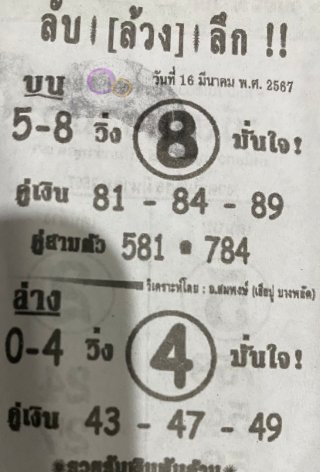 หวยซอง ลับล้วงลึก 16/03/67 สำหรับแฟนหวยลับล้วงลึก รวมข่าวหวยเด็ด