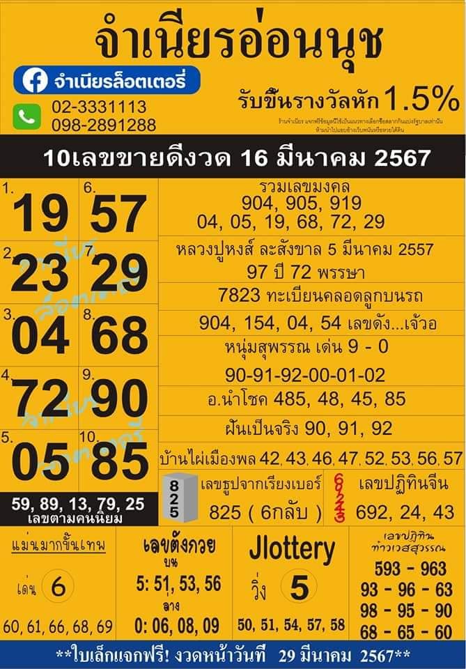 เลขเด็ดสลากใบแดง-แม่จำเนียรอ่อนนุช  16/03/67 [สิบเลขเด็ดขายดี]