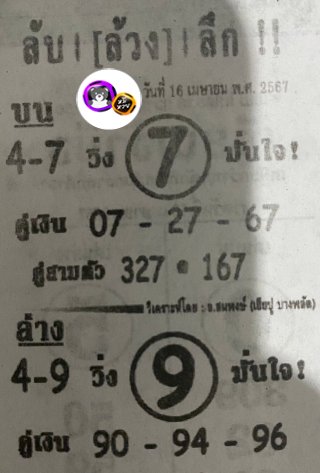 หวยซอง ลับล้วงลึก 16/04/67 สำหรับแฟนหวยลับล้วงลึก รวมข่าวหวยเด็ด