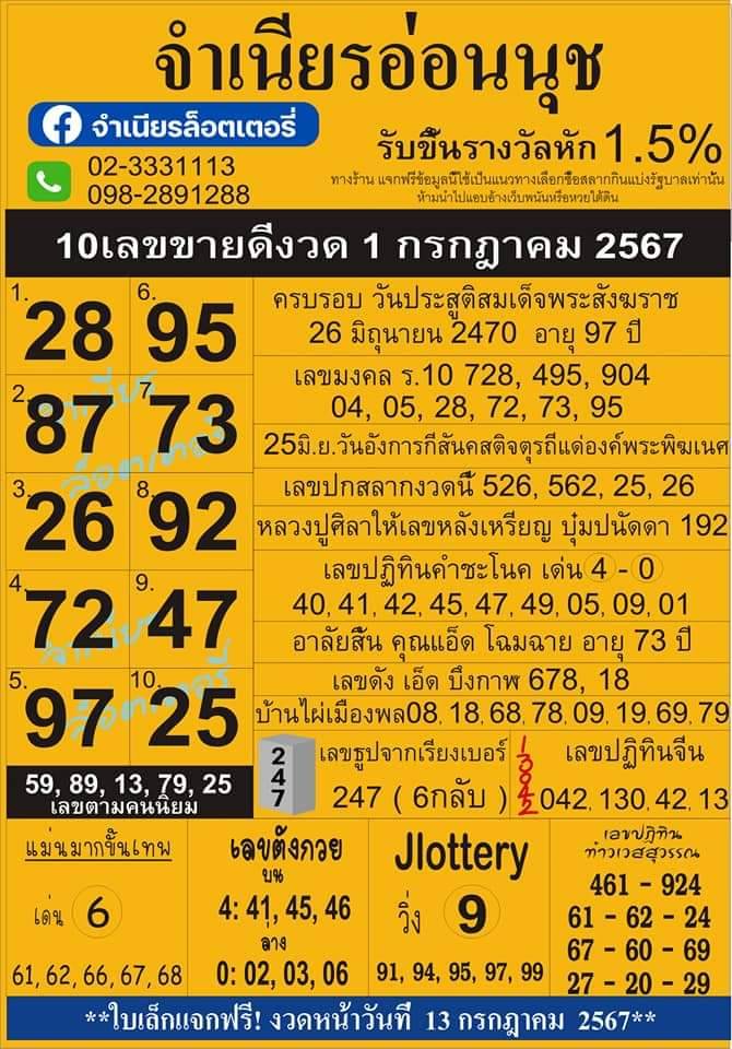 เลขเด็ดสลากใบแดง-แม่จำเนียรอ่อนนุช  01/07/67 [สิบเลขเด็ดขายดี]