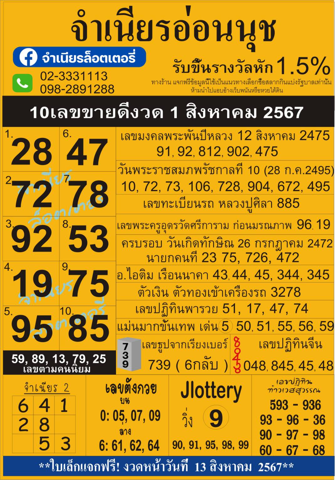 เลขเด็ดสลากใบแดง-แม่จำเนียรอ่อนนุช  01/08/67 [สิบเลขเด็ดขายดี]