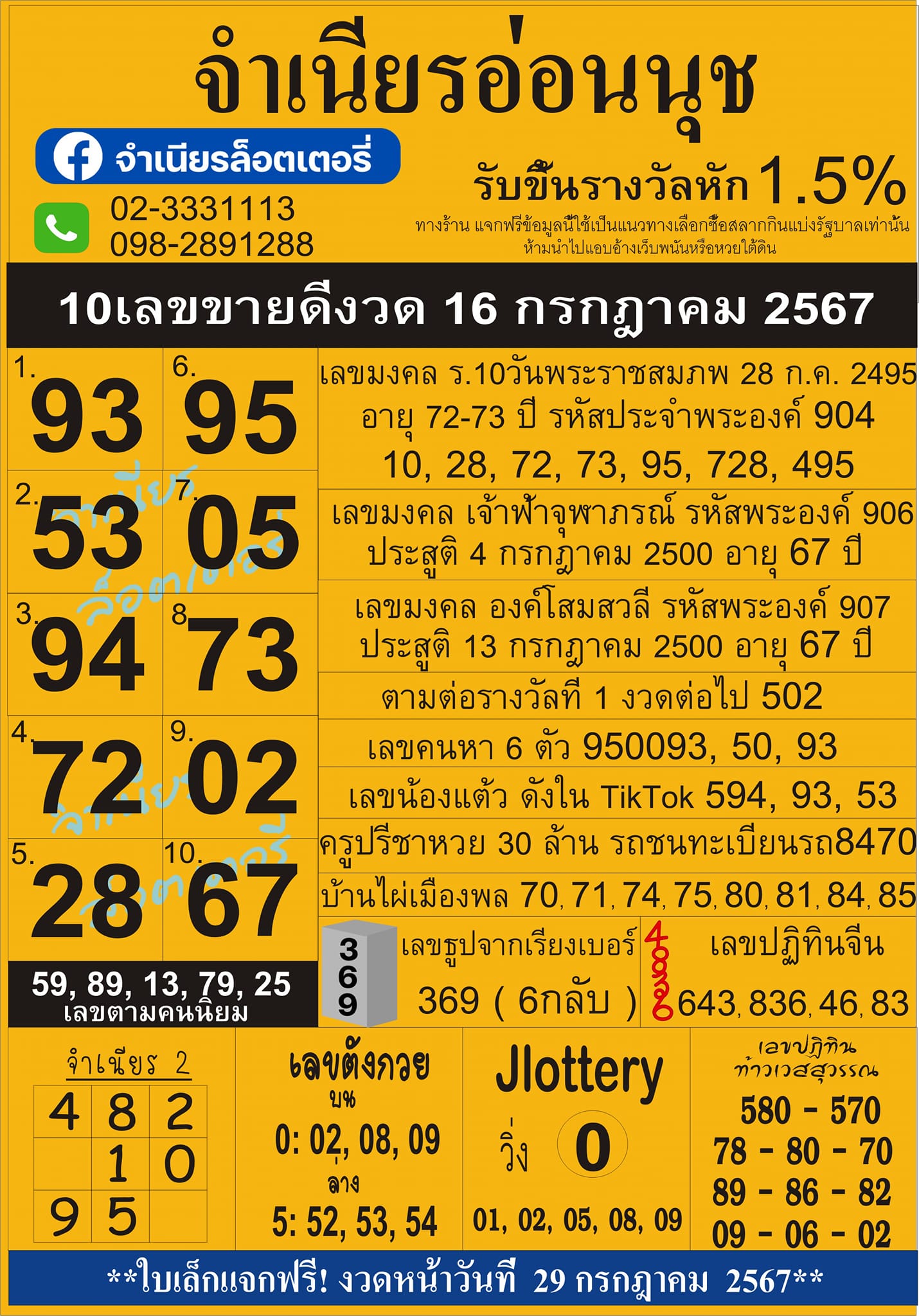 เลขเด็ดสลากใบแดง-แม่จำเนียรอ่อนนุช  16/07/67 [สิบเลขเด็ดขายดี]