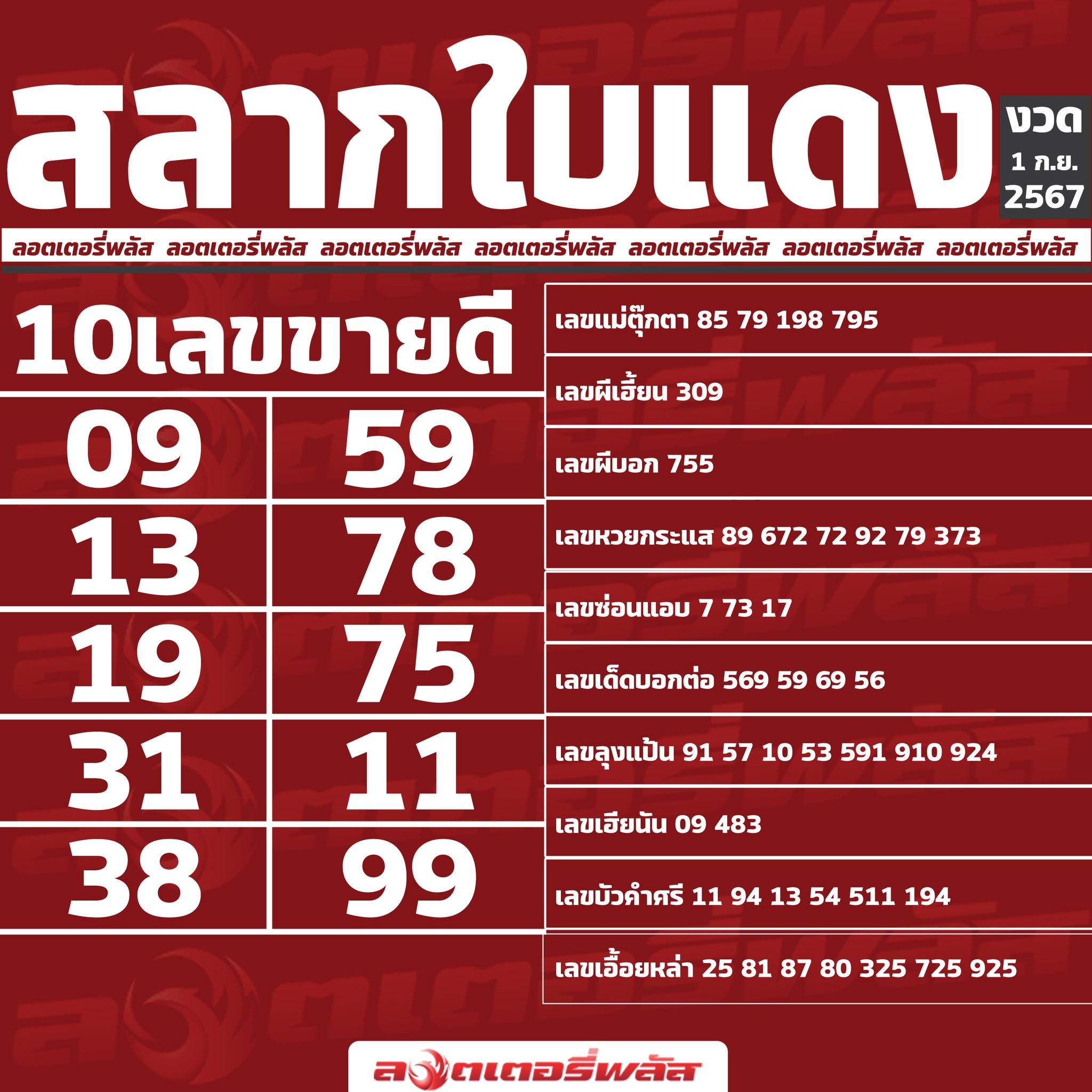 เลขเด็ดสลากใบแดง-แม่จำเนียรอ่อนนุช 01/09/67 [สิบเลขเด็ดขายดี]