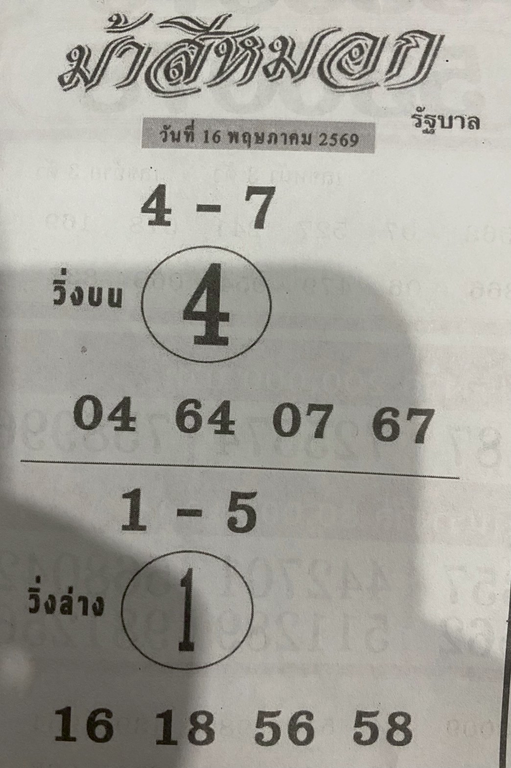 เลขเด็ดงวดนี้ม้าสีหมอก 16/05/69