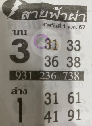 หวยซอง สายฟ้าผ่า 01/10/67