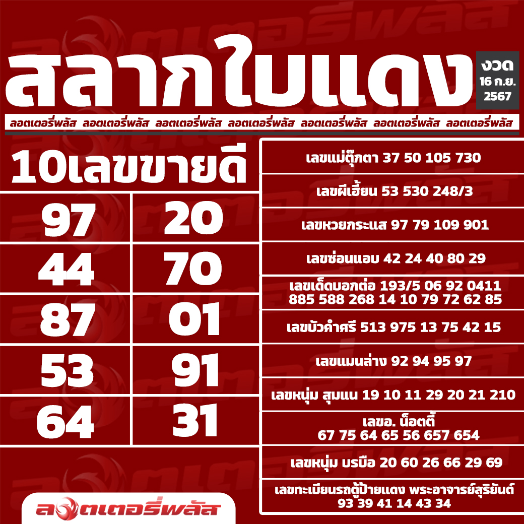 เลขเด็ดสลากใบแดง-แม่จำเนียรอ่อนนุช 16/09/67 [สิบเลขเด็ดขายดี]