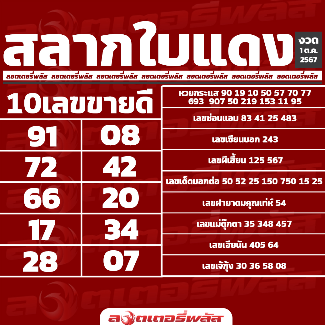 เลขเด็ดสลากใบแดง-แม่จำเนียรอ่อนนุช 01/10/67 [สิบเลขเด็ดขายดี]