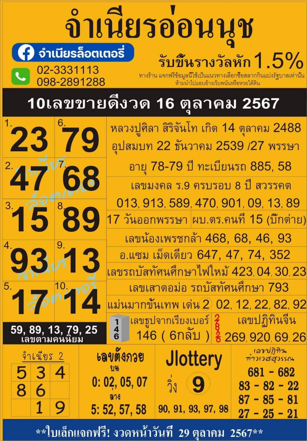 เลขเด็ดสลากใบแดง-แม่จำเนียรอ่อนนุช 16/10/67 [สิบเลขเด็ดขายดี]