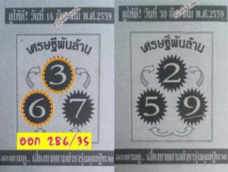 หวยเศรษฐีพันล้าน30/12/2559 – งวดที่แล้วเข้า