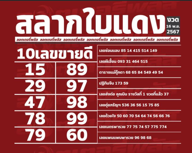 เลขเด็ดสลากใบแดง-แม่จำเนียรอ่อนนุช 16/11/67 [สิบเลขเด็ดขายดี]