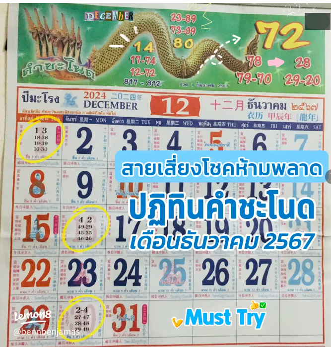 รวมเลขหวยปฎิทิน แม่นทุกงวดแป๊ะปังจริง 01/12/67