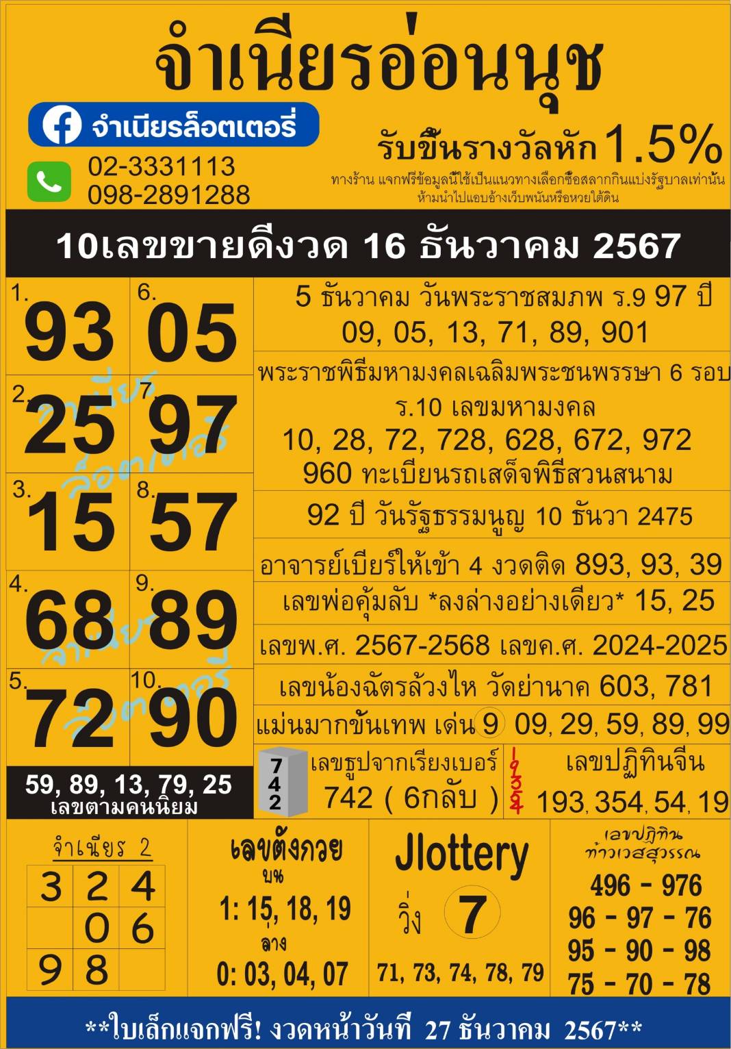 เลขเด็ดสลากใบแดง-แม่จำเนียรอ่อนนุช 16/12/67 [สิบเลขเด็ดขายดี]