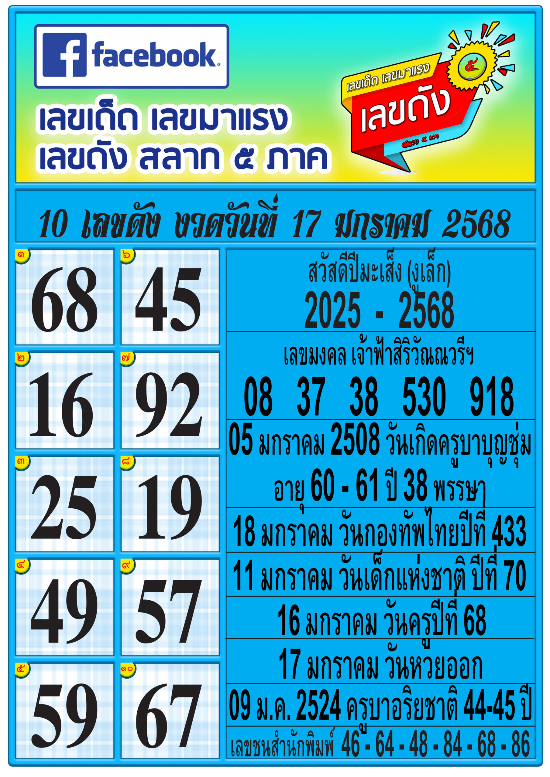 รวมทุกสำนัก 10 เลขดังคนแห่ซื้อเยอะ 17/01/68  เลขห้ามพลาดเด้อสู