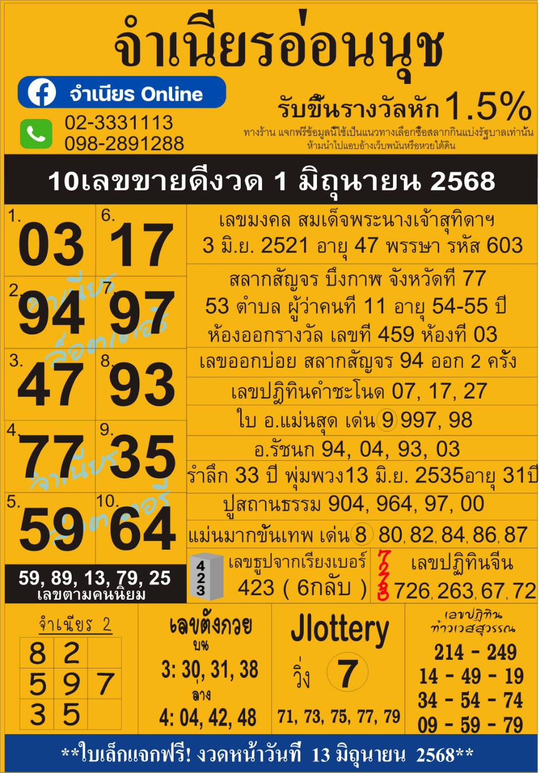 หวยแม่จำเนียร 01/06/68 [สิบเลขเด็ดขายดี]