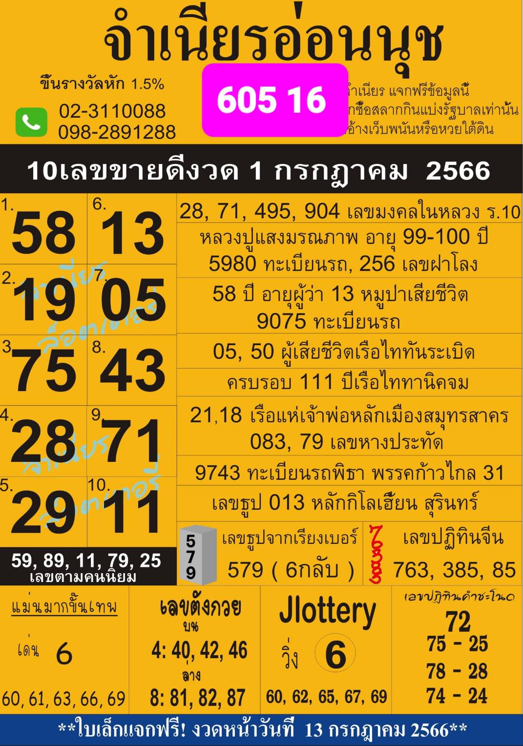 หวยแม่จำเนียร 01/07/68 [สิบเลขเด็ดขายดี]