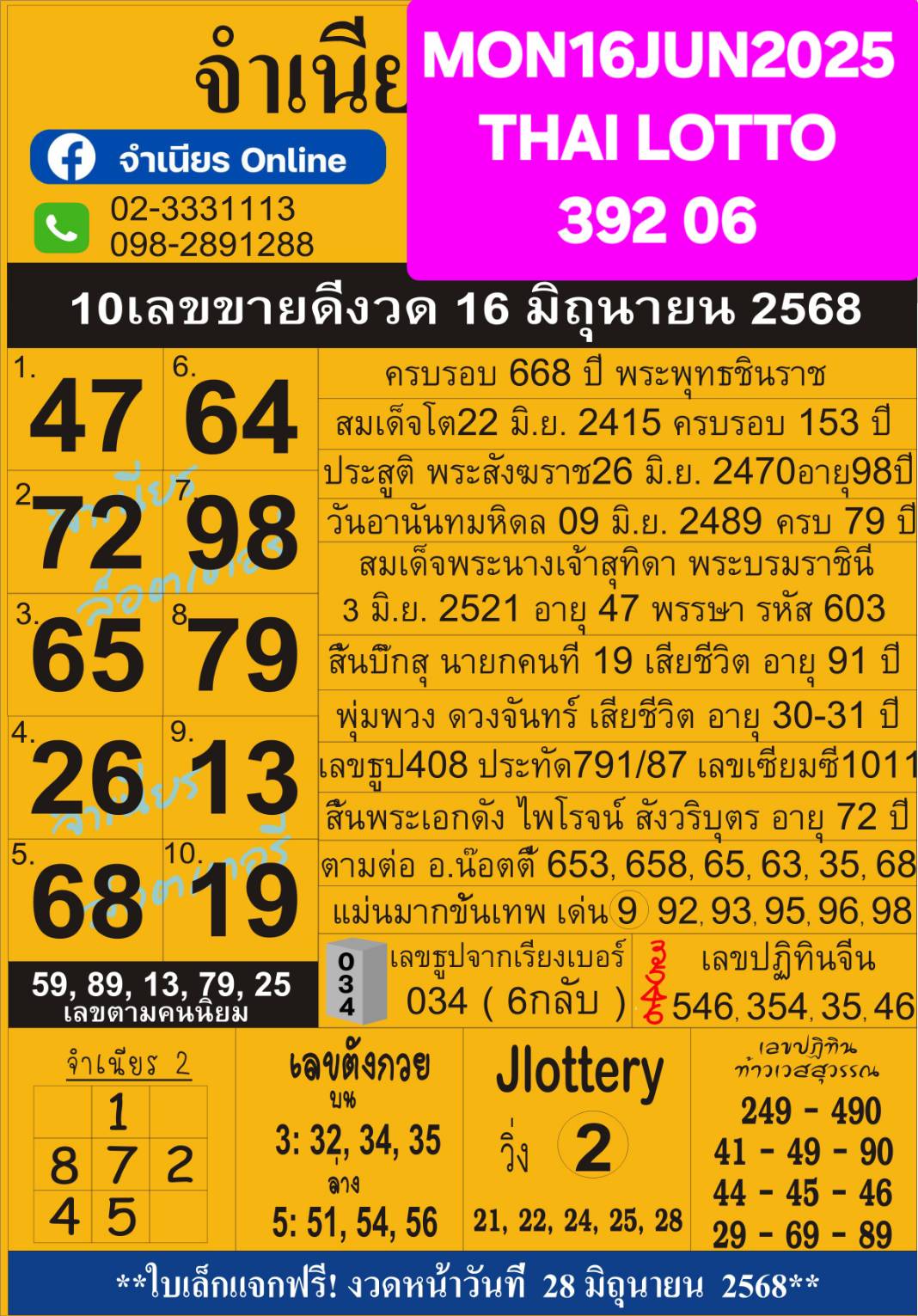 หวยแม่จำเนียร 16/07/68 [สิบเลขเด็ดขายดี]