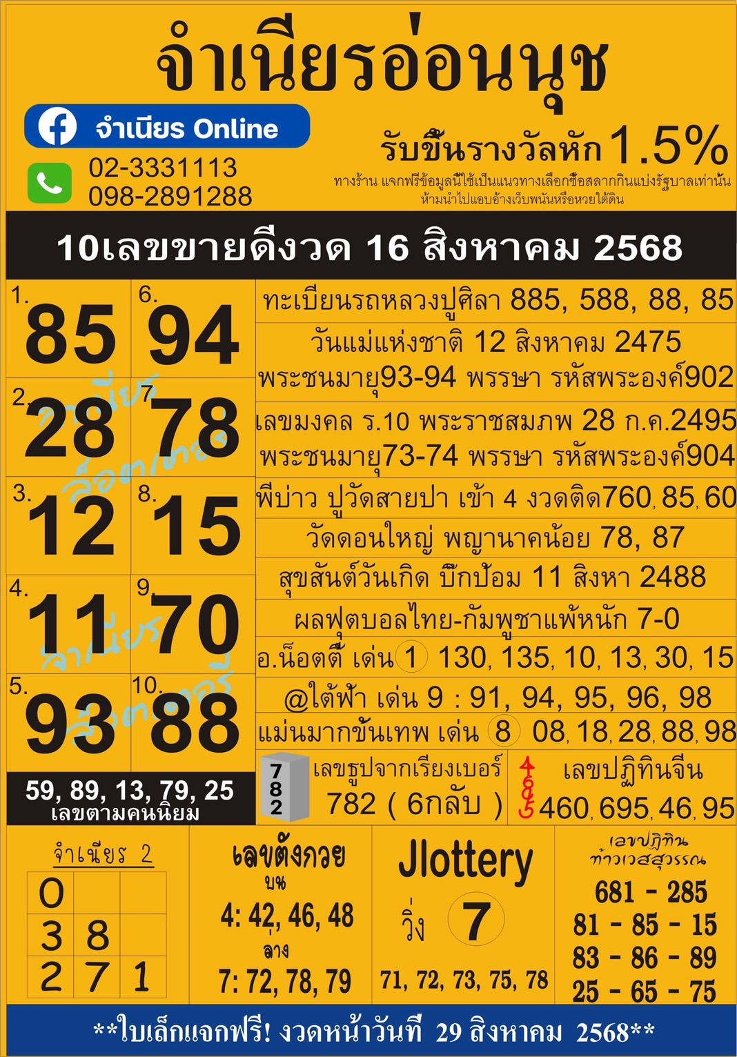 เลขเด็ดสลากใบแดง-แม่จำเนียรอ่อนนุช 16/08/68 [สิบเลขเด็ดขายดี]